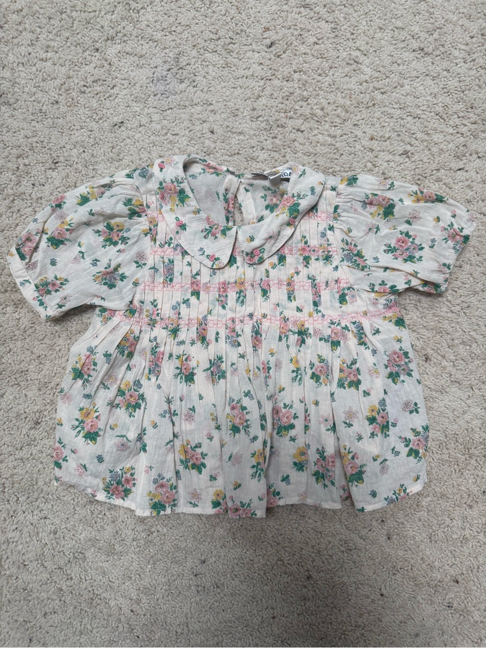 Emile et Ida Cream Floral Peter Pan Collar Top with Pink Roses